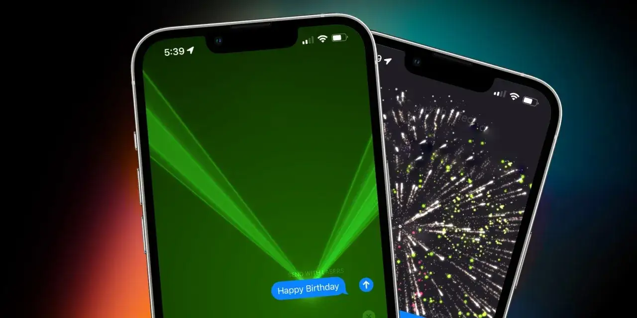 Dwa iPhone'y z efektami iMessage: zielone lasery i fajerwerki.