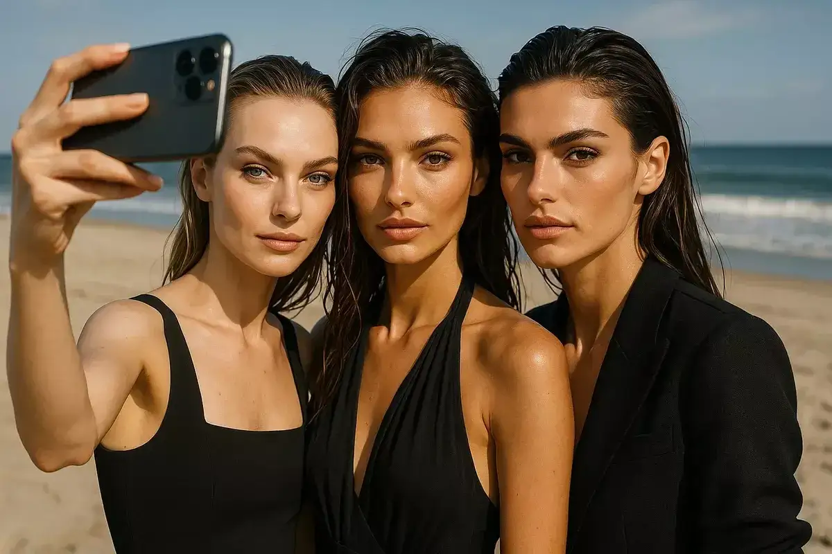 Trzy kobiety robią selfie na plaży. Jedna z nich trzyma telefon, korzystając z przedniej kamery w telefonie, by uchwycić ich wspólne zdjęcie.