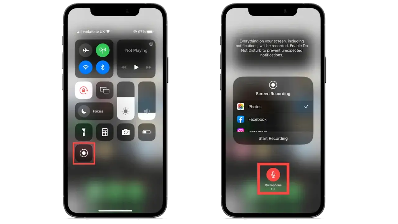 Jak nagrac ekran iPhone: na lewym ekranie widać ikonę nagrywania ekranu, a na prawym opcje nagrywania, w tym włączenie mikrofonu.
