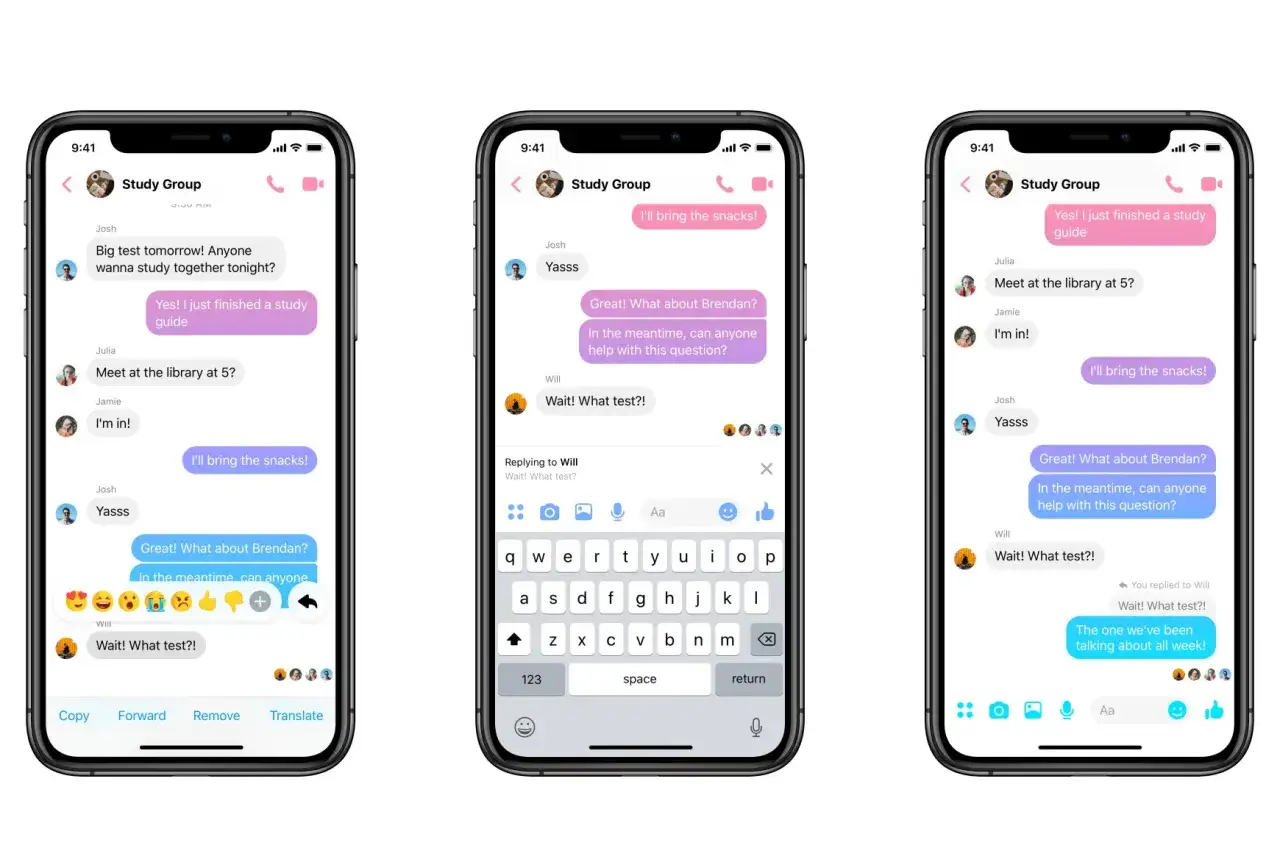 Trzy ekrany Messengera pokazujące rozmowę grupy 