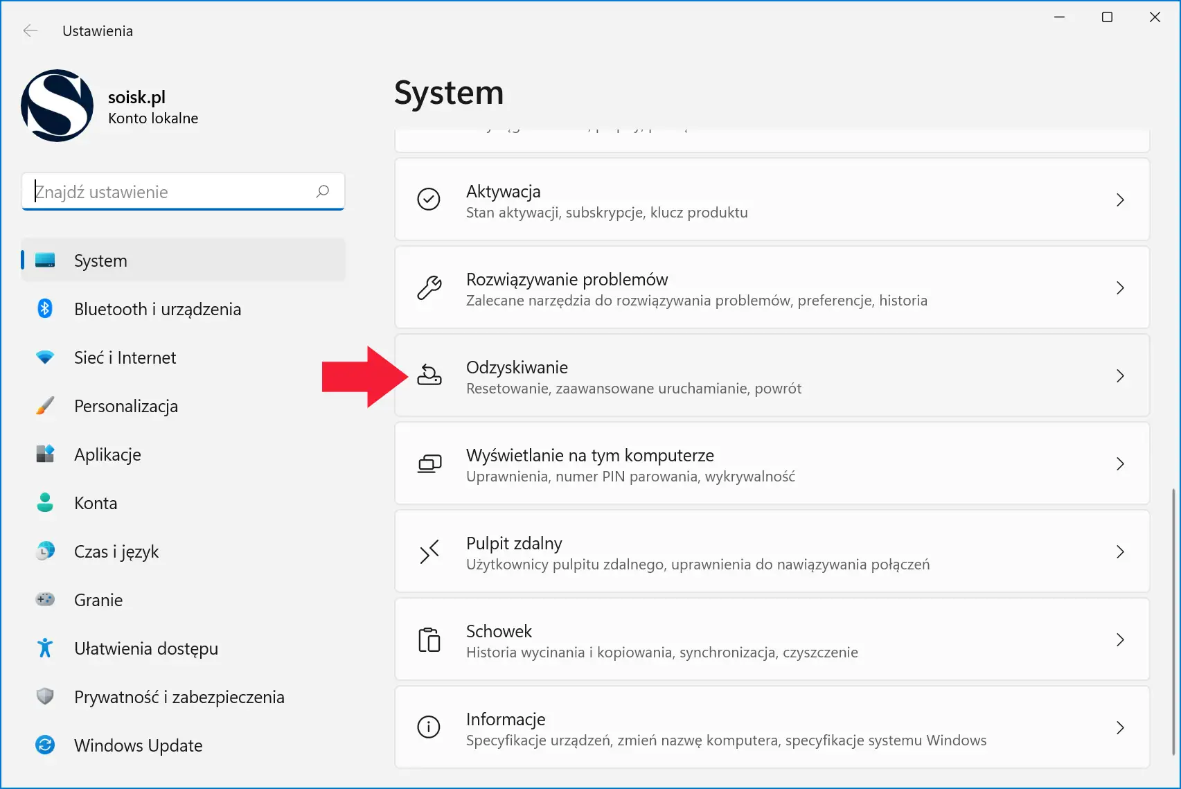 Ustawienia systemu Windows: Odzyskiwanie. Tu znajdziesz opcje resetowania komputera, co jest kluczowe, jak usunąć dane z komputera przed sprzedażą.
