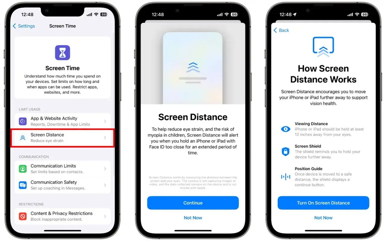 Ustawienia iPhone'a: Screen Time oferuje funkcję Screen Distance, która pomaga w ochronie wzroku, przypominając o zachowaniu odpowiedniej odległości od ekranu.