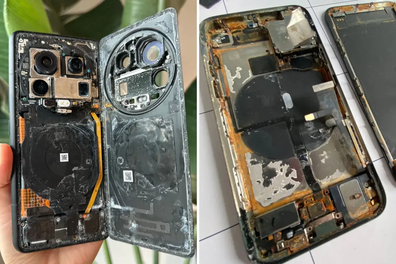 Rozłożony, zalany telefon z widocznymi uszkodzeniami i korozją. Widać moduły aparatu, baterię i inne komponenty.