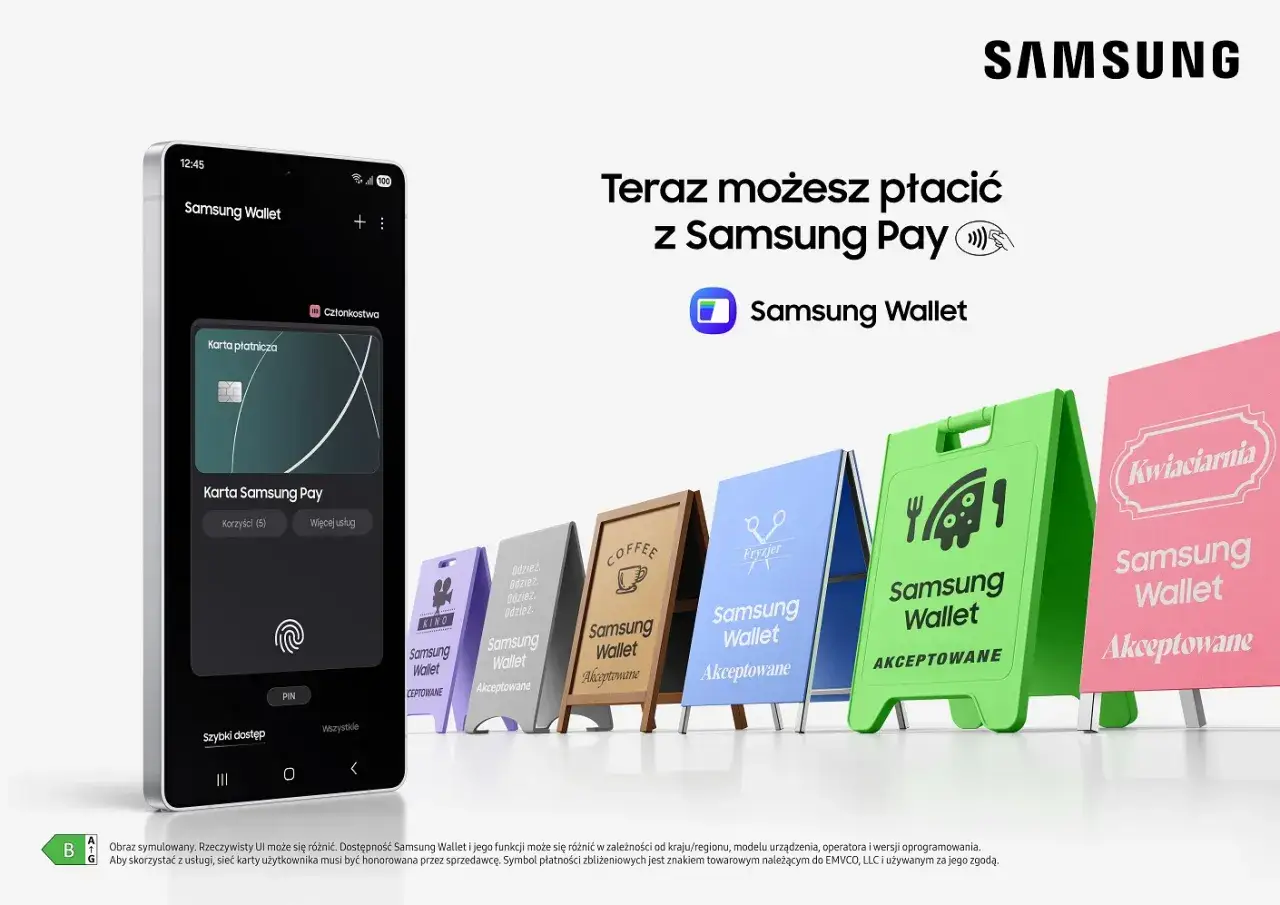 Telefon z aplikacją Samsung Wallet, obok szyldów sklepów akceptujących płatności zbliżeniowe.