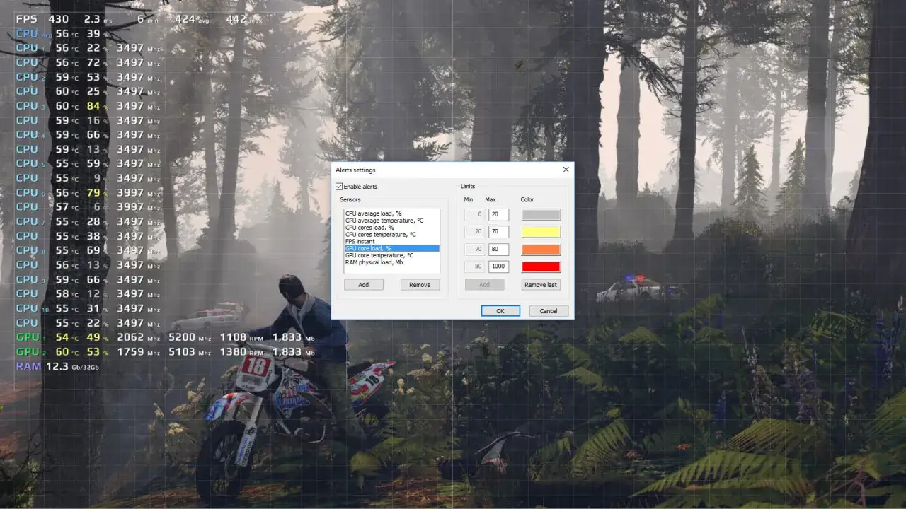 Jak sprawdzić FPS w grach? Na ekranie widać okno ustawień alert&oacute;w, gdzie można monitorować obciążenie CPU i GPU, temperaturę oraz FPS.