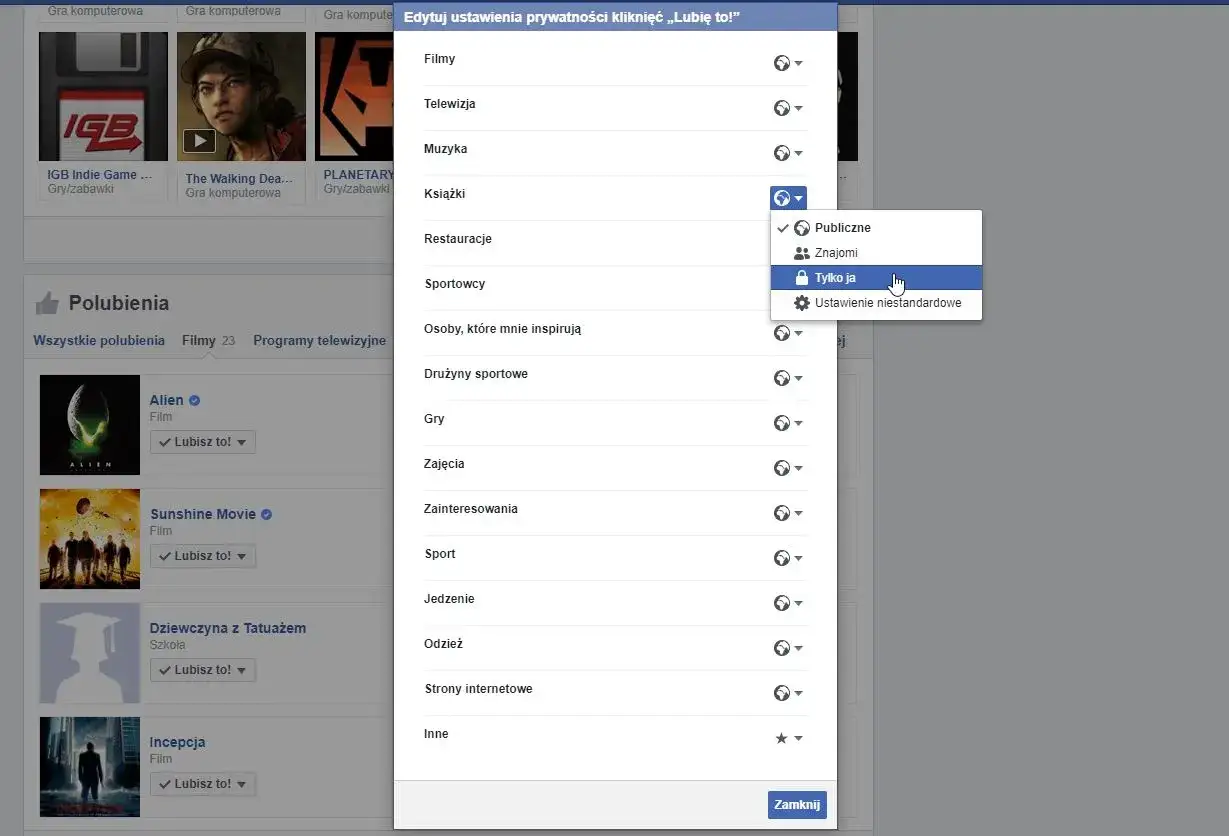 Jak ukryć polubienia na FB: na ekranie widać menu prywatności, gdzie zaznaczono opcję