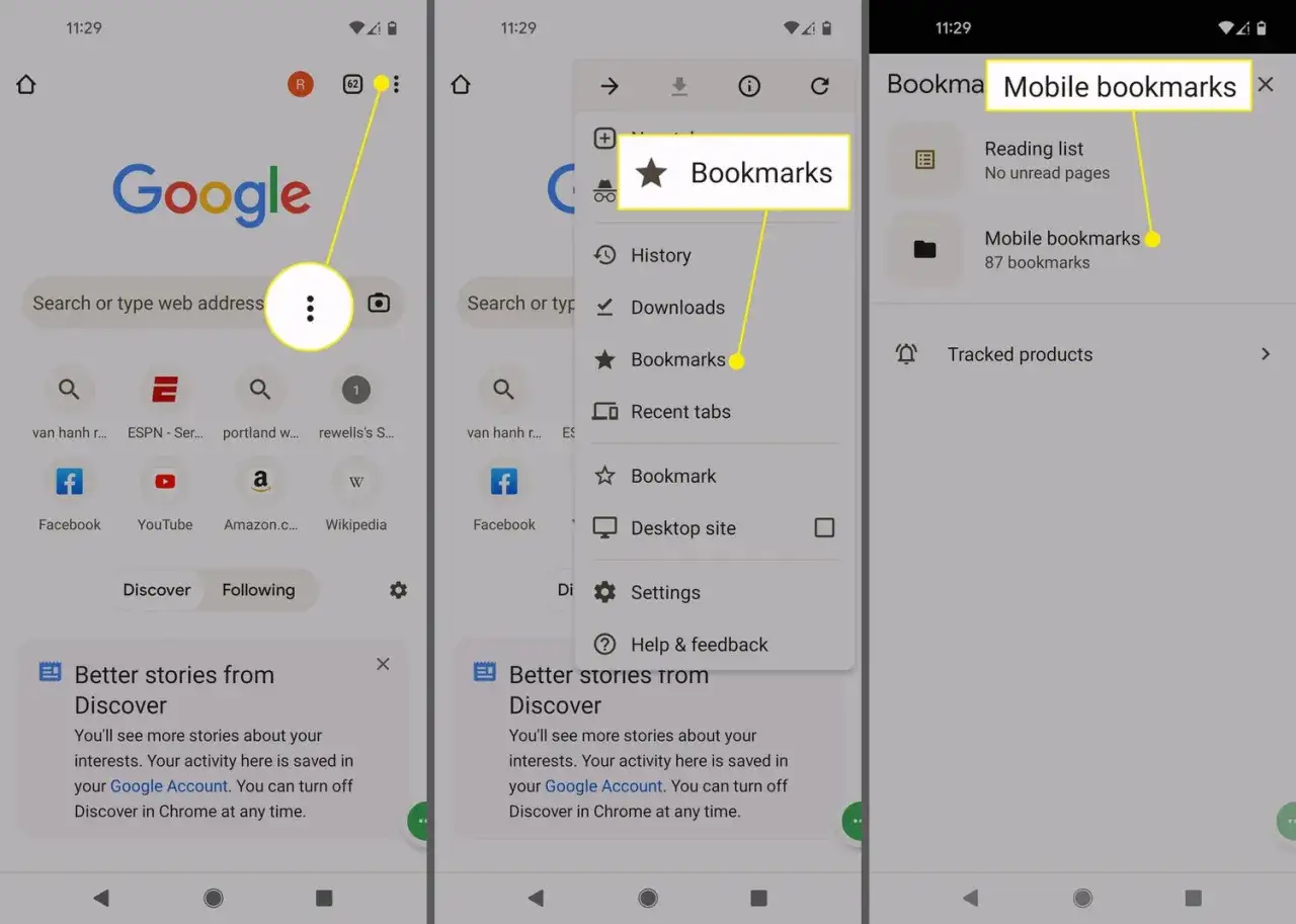 Zapisane strony w telefonie: przeglądanie zakładek mobilnych w Chrome.