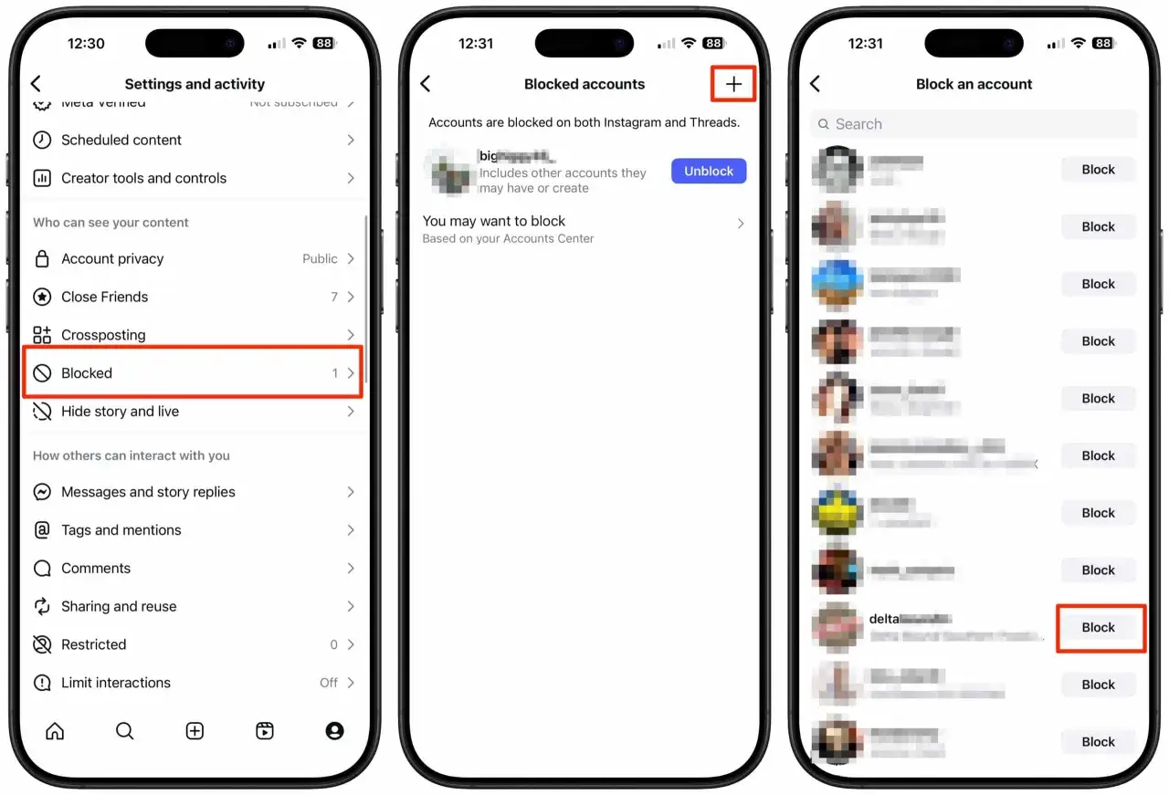 Zarządzanie blokowaniem na Instagramie. Widok listy zablokowanych kont i opcji blokowania, co wpływa na relacje w mediach społecznościowych.