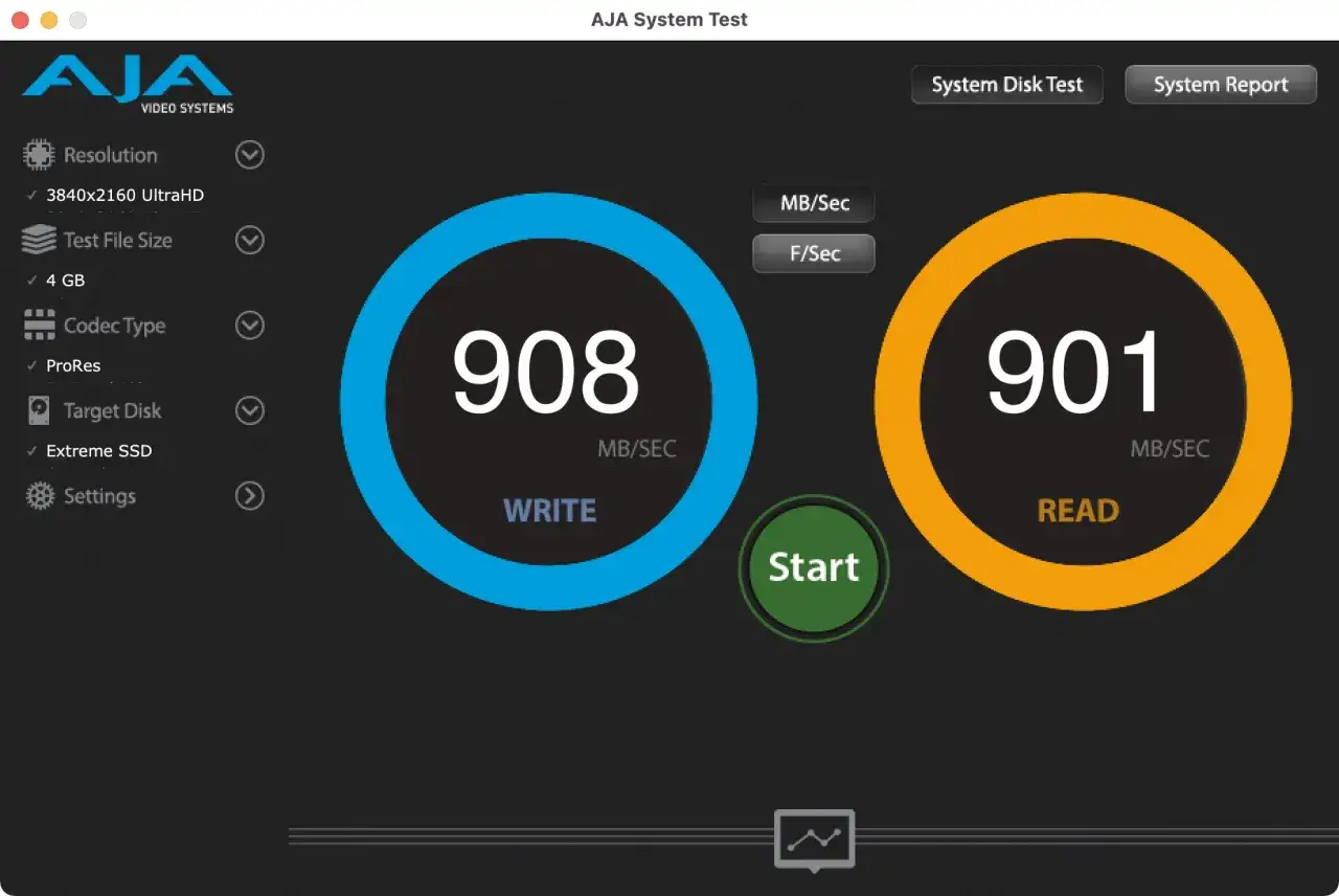 Test prędkości dysku SSD Extreme: zapis 908 MB/s, odczyt 901 MB/s. To pokazuje, ile trwa formatowanie dysku w praktyce.