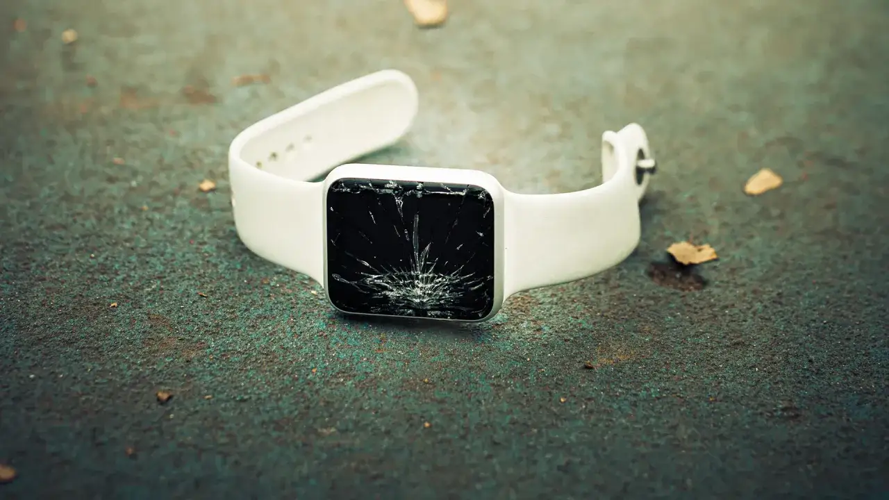Biały smartwatch z pękniętym ekranem leży na zniszczonej powierzchni. Zastanawiasz się, jak usunąć rysy ze smartwatcha?