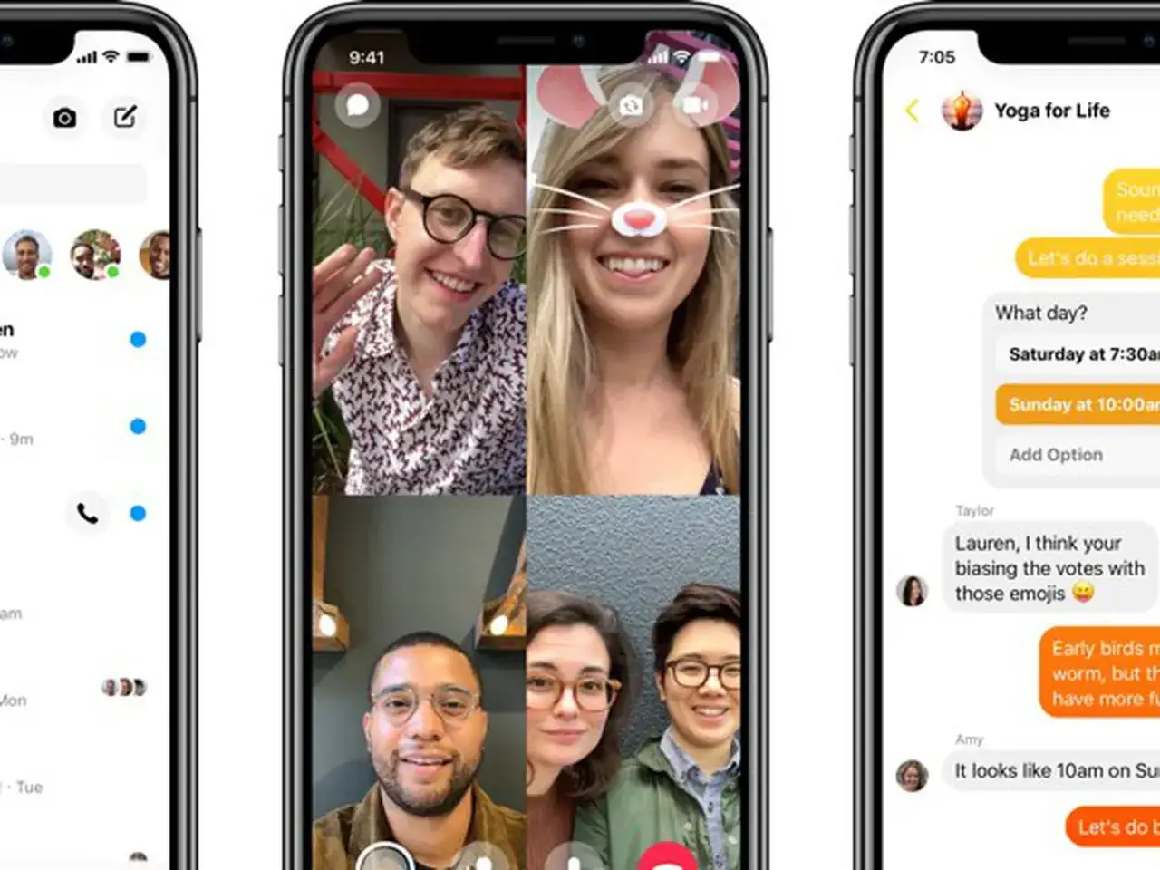 Trzy ekrany telefonów z aplikacją Messenger. Na środkowym ekranie rozmowa wideo z zabawnymi motywami.