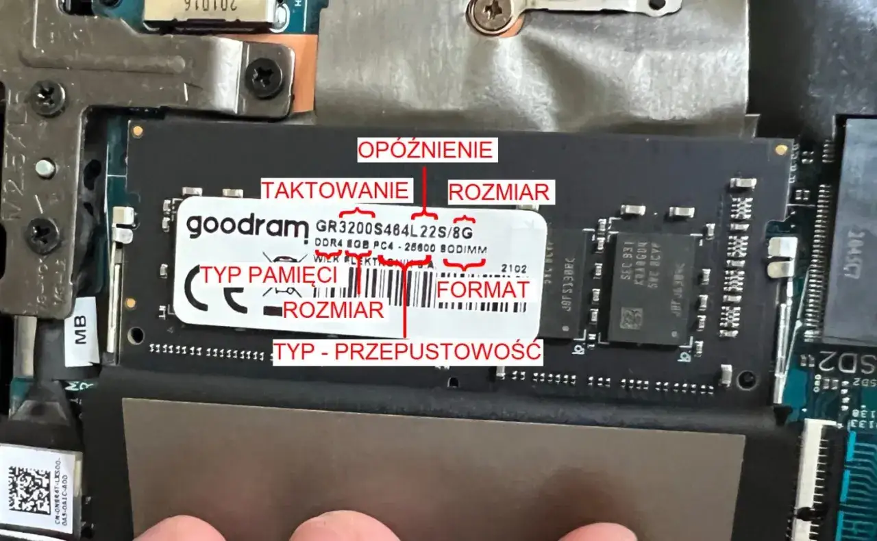 Jak zwiększyć RAM w laptopie? Na naklejce modułu pamięci RAM (goodram DDR4 8GB) widać oznaczenia: opóźnienie, taktowanie, rozmiar, typ i format.