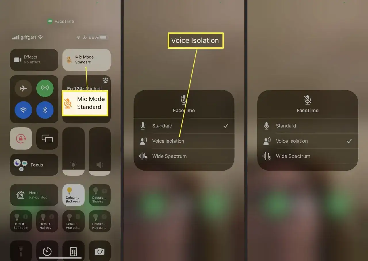 Wybieranie izolacji głosu na iPhonie podczas rozmowy FaceTime, aby dźwięk był czystszy.