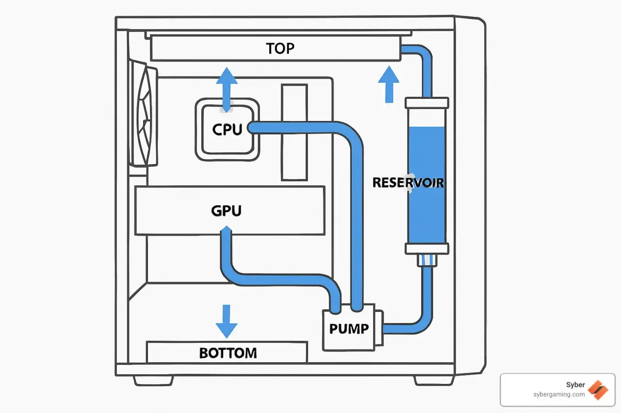 Schemat pokazuje, jak działa chłodzenie wodne: płyn krąży od pompy przez CPU i GPU do chłodnicy na górze, a następnie wraca do rezerwuaru.