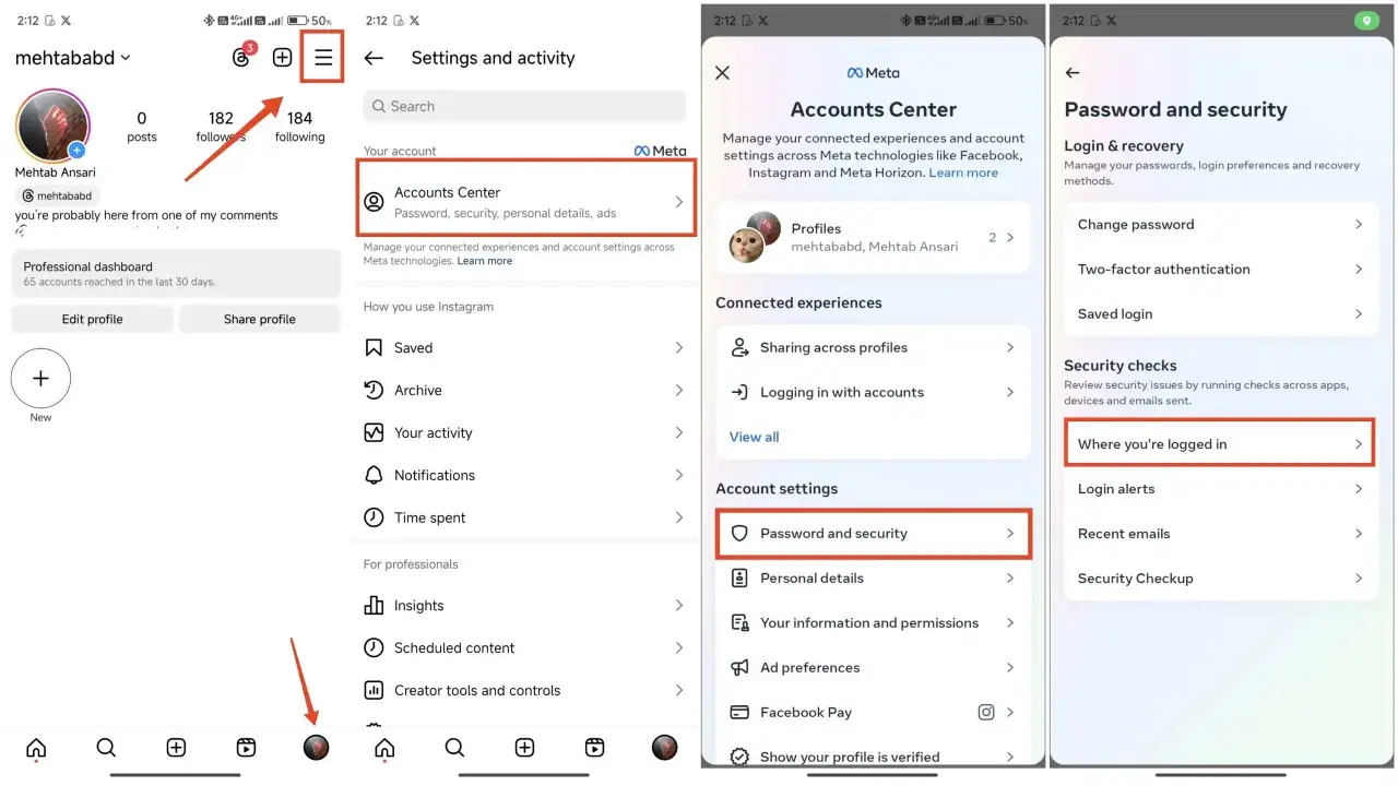 Jak wylogować się z Instagrama? Kliknij menu, Centrum kont, Hasło i bezpieczeństwo, a następnie 