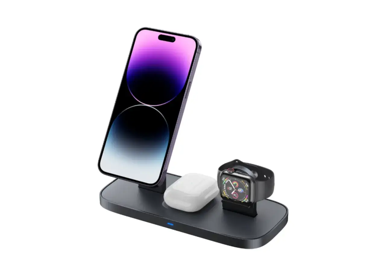 Ładowarka 3w1 z iPhone, słuchawkami i zegarkiem. Idealne rozwiązanie do uporządkowania Twojego miejsca pracy i zapewnienia stałego zasilania dla Twoich urządzeń.