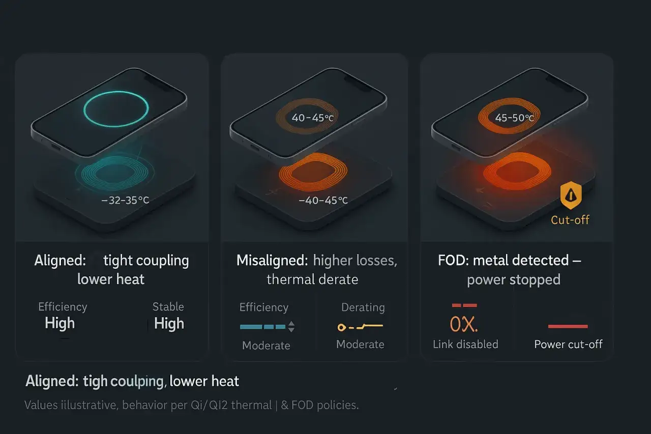 Jak włączyć ładowanie indukcyjne Samsung? Ilustracja pokazuje idealne wyrównanie telefonu z ładowarką, co zapewnia niską temperaturę i wysoką wydajność.