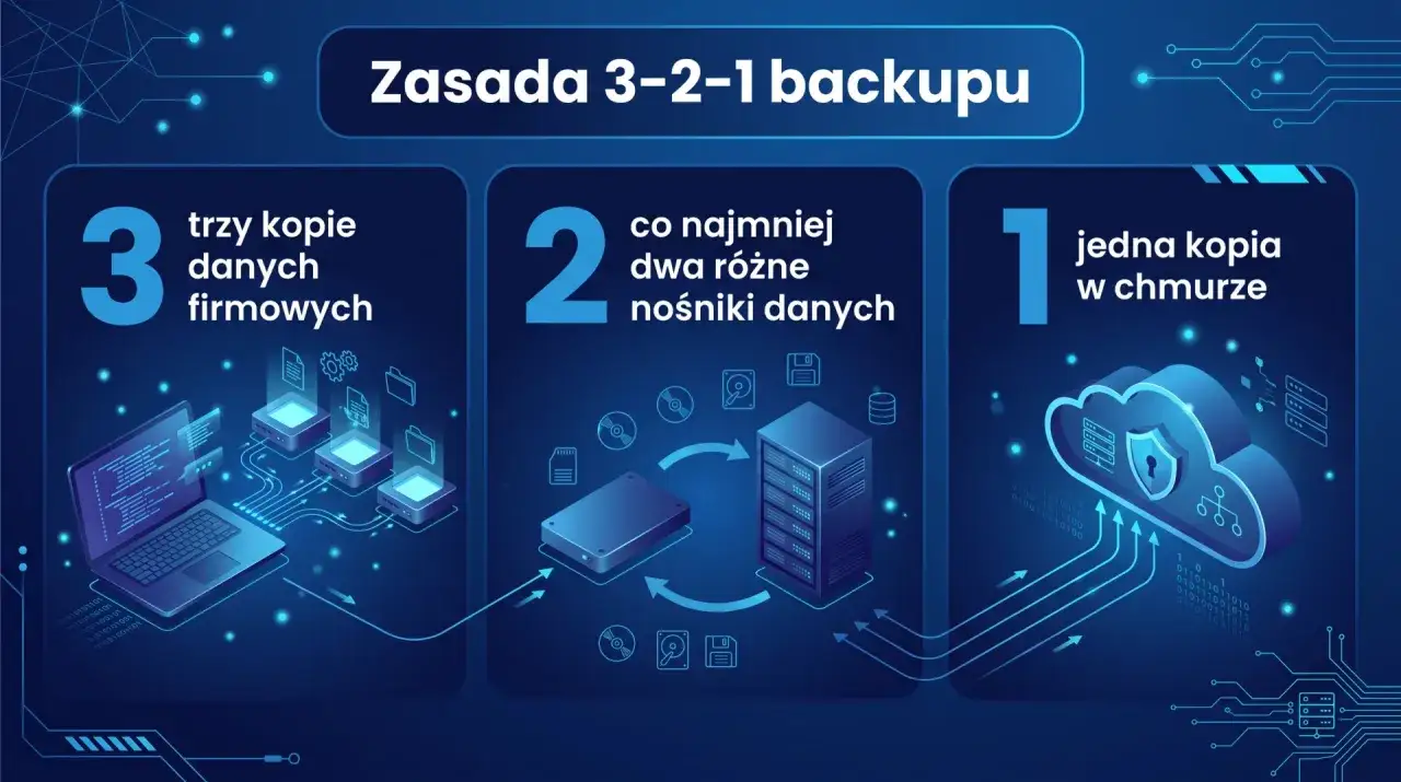 Zasada 3-2-1 backupu: trzy kopie danych firmowych, co najmniej dwa różne nośniki danych, jedna kopia w chmurze.