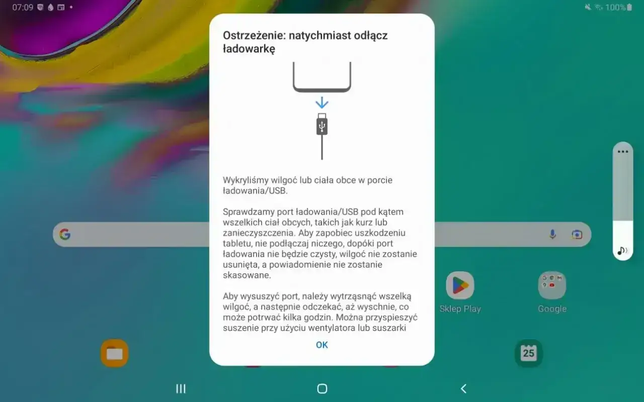 Komunikat Samsung: wykryto wilgoć w porcie USB. Odłącz ładowarkę i wysusz port.