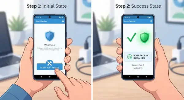 Dwie ręce trzymają telefony. Na pierwszym ekranie "Root Checker" prosi o weryfikację dostępu, na drugim pokazuje "ROOT ACCESS INSTALLED". Zastanawiasz się, dlaczego wyrzuca mnie z aplikacji na telefonie?
