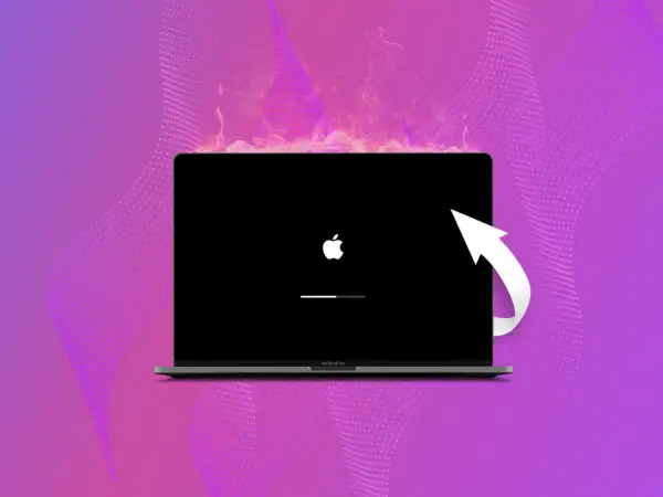 MacBook z jabłuszkiem i paskiem postępu, symbolizujący reset laptopa. Biała strzałka sugeruje proces odzyskiwania.