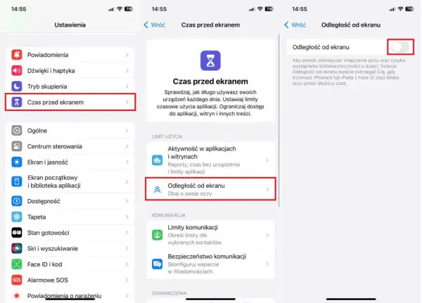 Ustawienia iPhone'a: "Czas przed ekranem" i "Odległość od ekranu" dla ochrony wzroku.