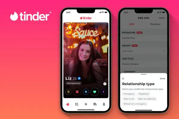 Jak zablokować kogoś na Tinderze? Aplikacja pokazuje profil użytkowniczki Liz i opcje edycji, w tym typ relacji.