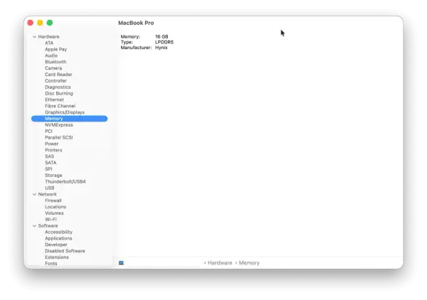 Jak sprawdzić pamięć na Macu: 16 GB LPDDR5 Hynix. Widok szczegółów sprzętu w systemie macOS.