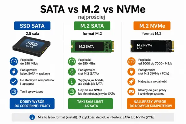 Porównanie dysków SSD: SATA (2,5 cala, prędkość do 550 MB/s), M.2 SATA (format M.2, prędkość do 550 MB/s) i M.2 NVMe (format M.2, prędkość od 2000 MB/s).