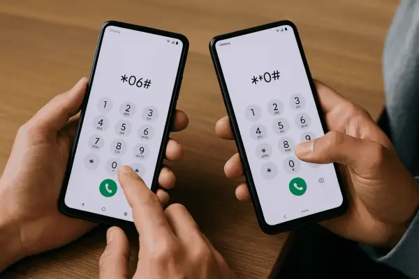 Dwie dłonie trzymają telefony Samsung. Na ekranach widnieje kod *#06#, służący do sprawdzenia numeru IMEI.
