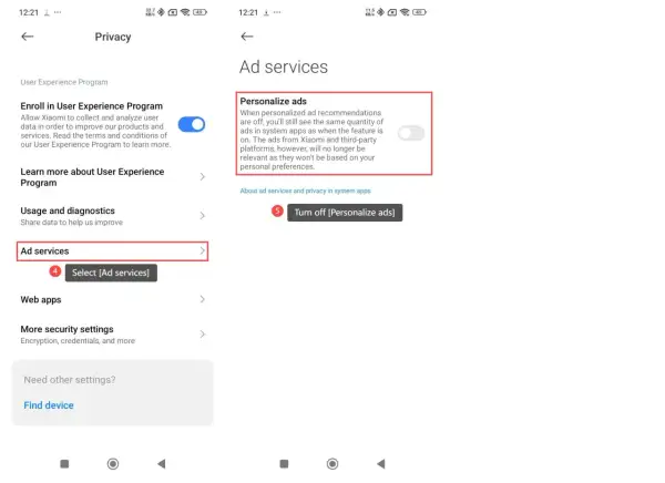 Ustawienia prywatności Xiaomi: personalizacja reklam. Wyłącz spersonalizowane reklamy, aby przestać otrzymywać dopasowane oferty.