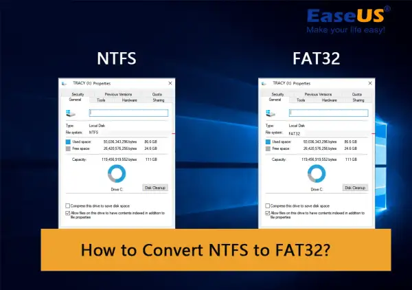 Porównanie właściwości dysku C: z systemem plików NTFS i FAT32. Pokazuje, jak konwertować dysk NTFS na FAT32.