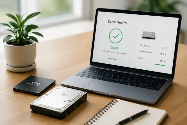 Laptop pokazuje "Drive Health: Good" - sprawdzanie kondycji komputera. Obok dyski SSD i HDD.