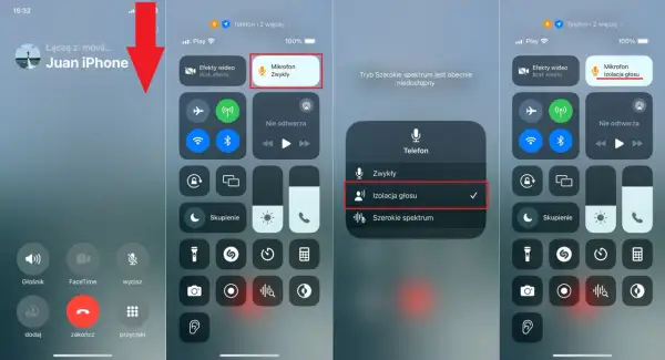 Na ekranie iPhone'a widać menu telefonu z aktywną opcją izolacja głosu, która poprawia jakość dźwięku podczas rozmów.