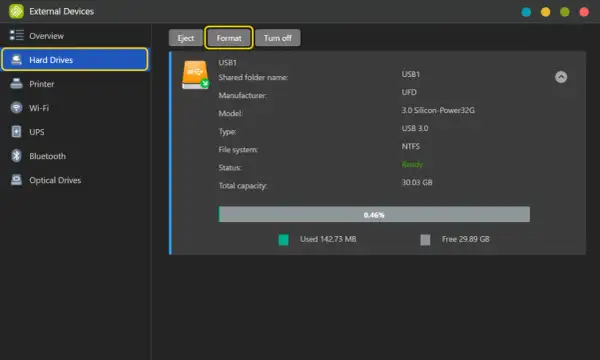 Dysk USB1 ma system plików NTFS. Można go sformatować, wybierając opcję "Format", zamiast np. exFAT.