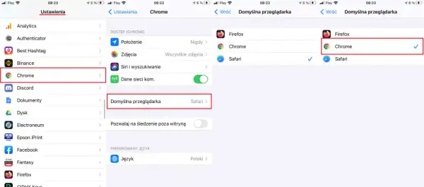 Jak ustawić domyślną przeglądarkę na telefonie: wybierz Chrome z listy dostępnych aplikacji.