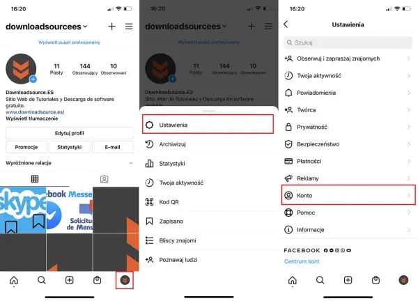 Jak przywrócić usunięty post na Instagramie? Zobacz, jak przejść do Ustawień, a następnie Konta, by odzyskać dane.