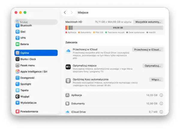 Jak wyczyścić Maca? Ekran "Miejsce" w ustawieniach pokazuje zajętość dysku i sugeruje sposoby na zwolnienie miejsca, np. przez iCloud lub optymalizację.