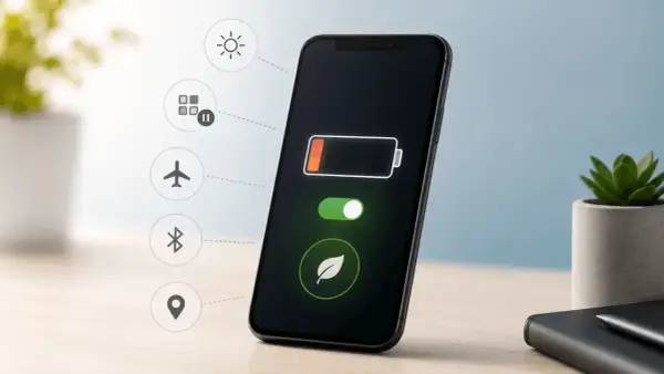 Na ekranie iPhone'a widać ikonę baterii z niskim poziomem naładowania i włączony tryb oszczędzania energii.