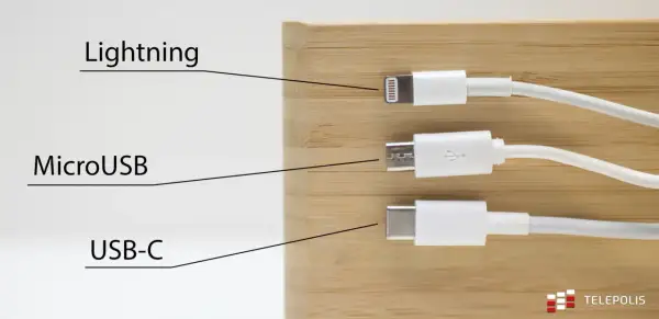 Różne wejścia do telefonu: Lightning, MicroUSB i USB-C.