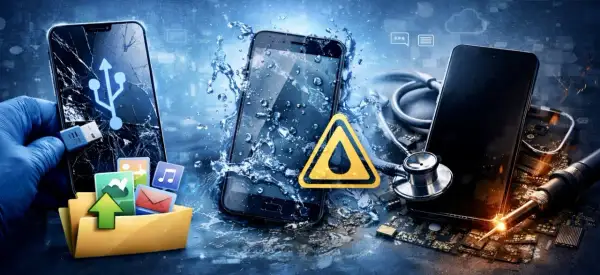 Uszkodzony telefon, zalany wodą, z symbolem ostrzegawczym. Jak zniszczyć telefon?